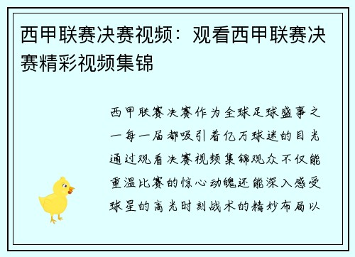 西甲联赛决赛视频：观看西甲联赛决赛精彩视频集锦
