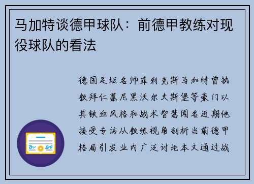 马加特谈德甲球队：前德甲教练对现役球队的看法