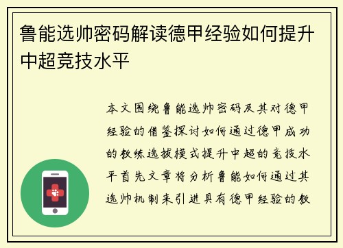 鲁能选帅密码解读德甲经验如何提升中超竞技水平